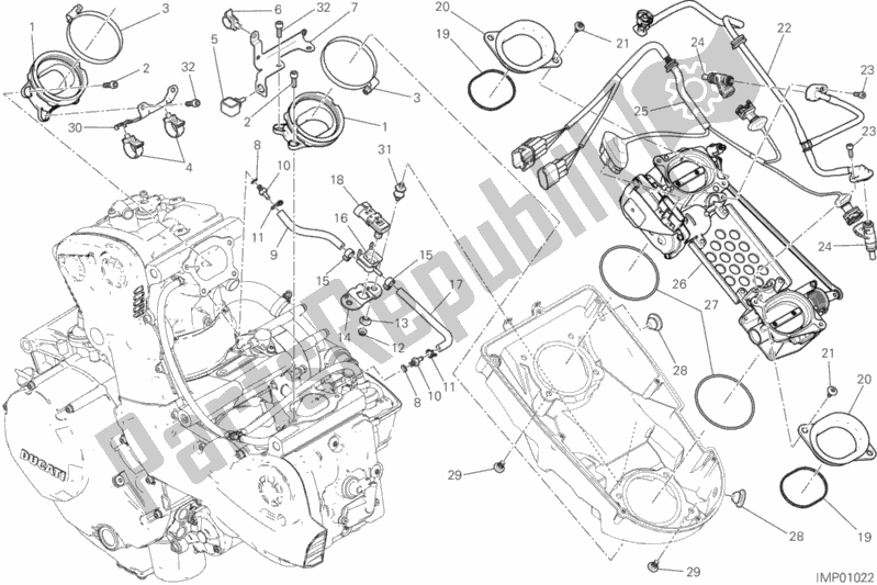 All parts for the Throttle Body of the Ducati Monster 1200 25 TH Anniversario USA 2019